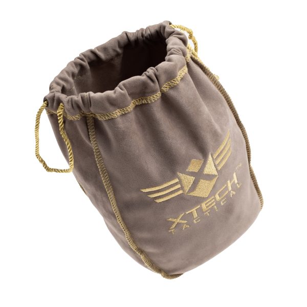 XTech Tactical brass bag shown with grey bag and yellow embroidery and draw string