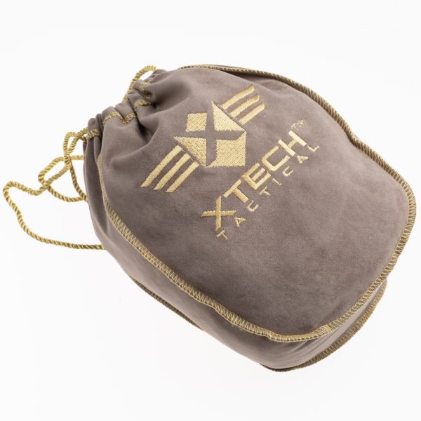 XTech Tactical Brass Bag shown full with draw string pulled and XTech Tactical name and logo