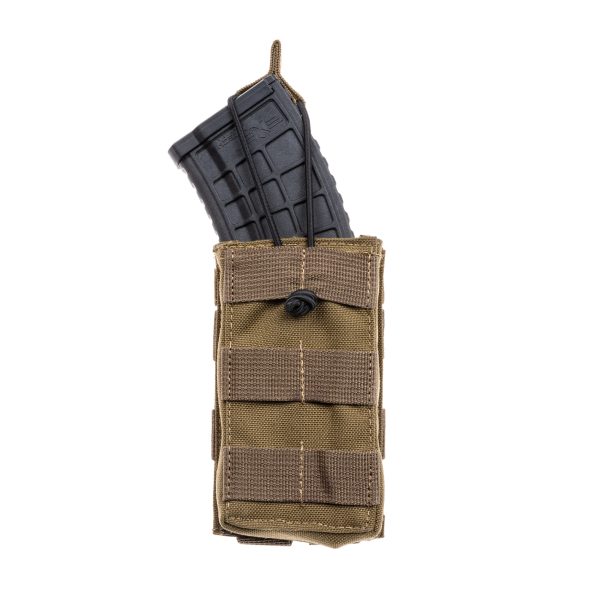 Coyote AK 47 Mag Pouch shown upright with MAG47 inserted and bungee strap with tab retaining magazine