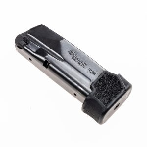 Sig Sauer P365 10rd Extended Magazine to 13rd using MTX 365 upright angled left in black color.